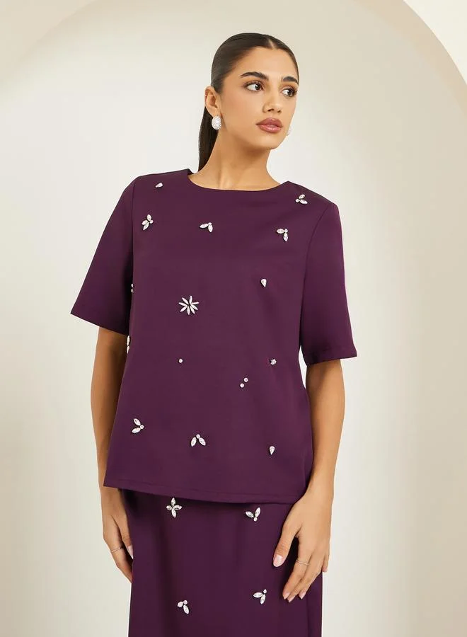 Styli Women Purple Embellished Top and Skirt Co-Ords